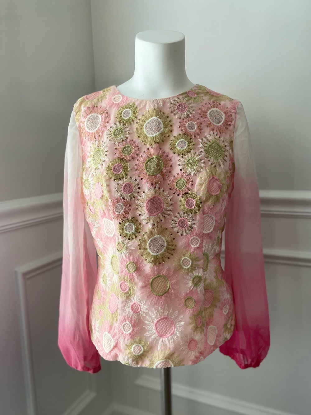 Vintage 1960s Pink Floral Embroidered Sheer Sleeve Blouse